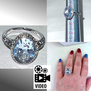 Sterling Silver Crystal Oval Ring, Sparkly, Gray Sim Diamond . Unique